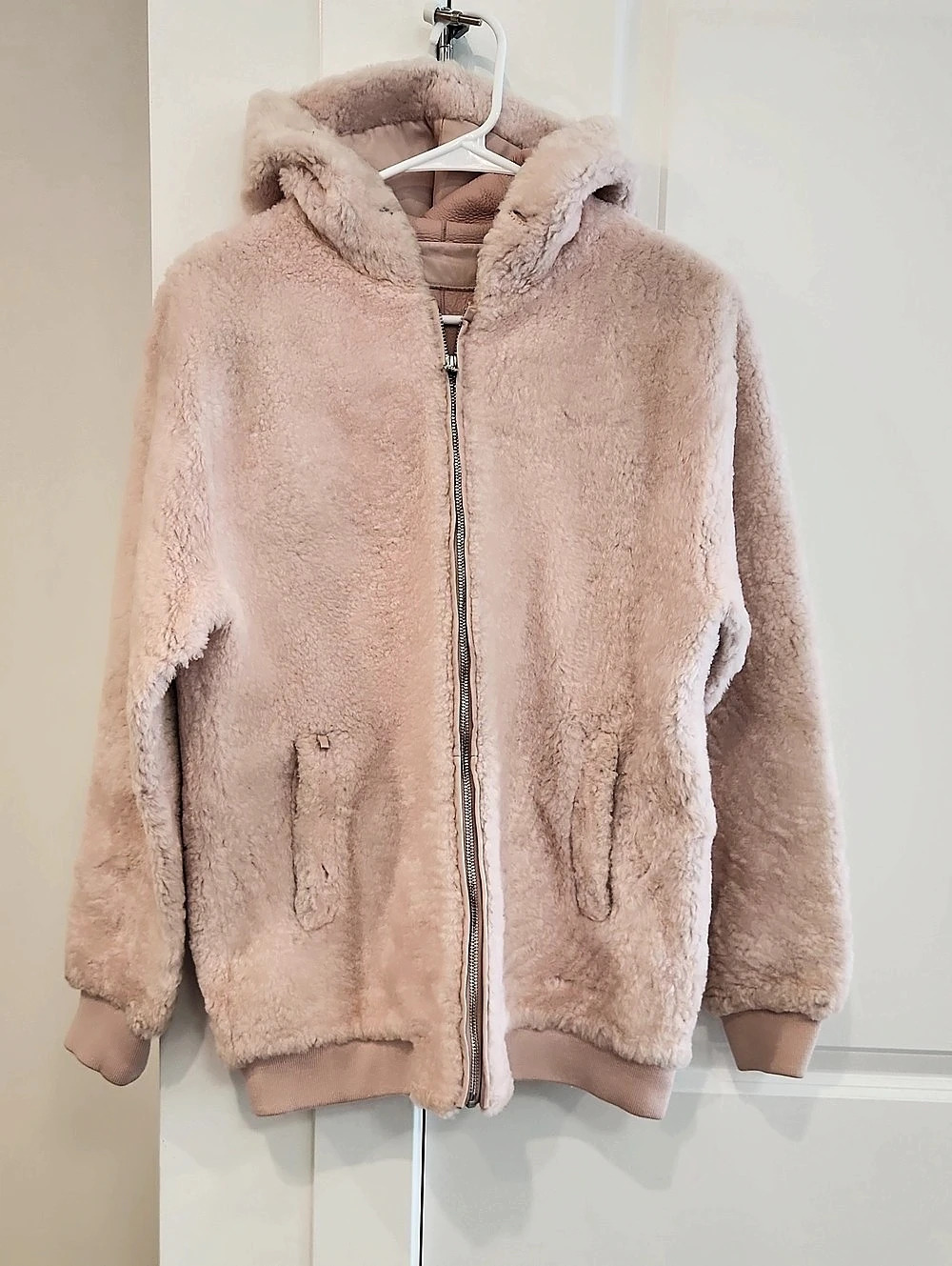 Genuine shearling and leather Pink Teddy Hooded Jacket